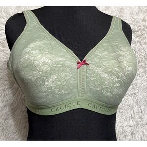 Cacique Bra Womens 42C Green Lace‎ Lightly Line No Wire Full Coverage Pink Bow